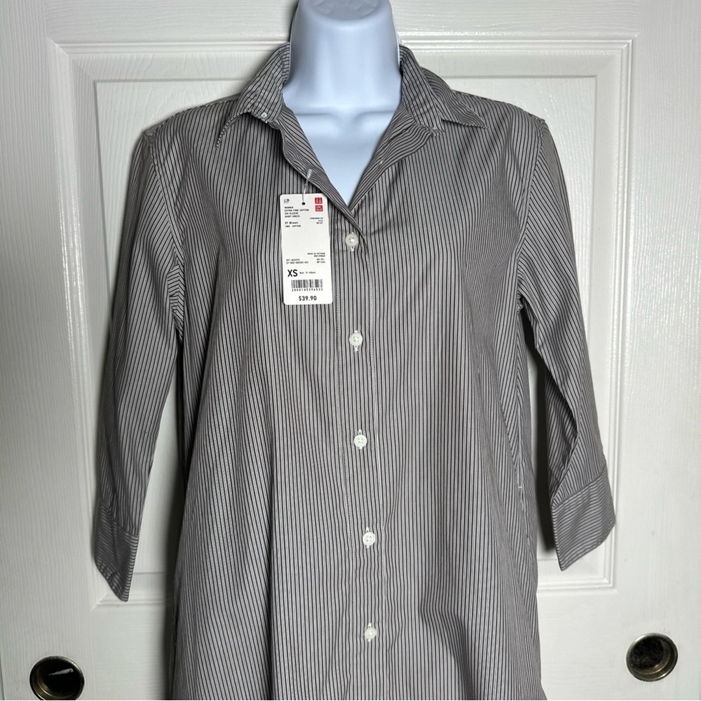 Uniqlo Women’s XSmall Brown Shirt Dress Oversize 100% Cotton Pinstripe Office - Picture 3 of 14